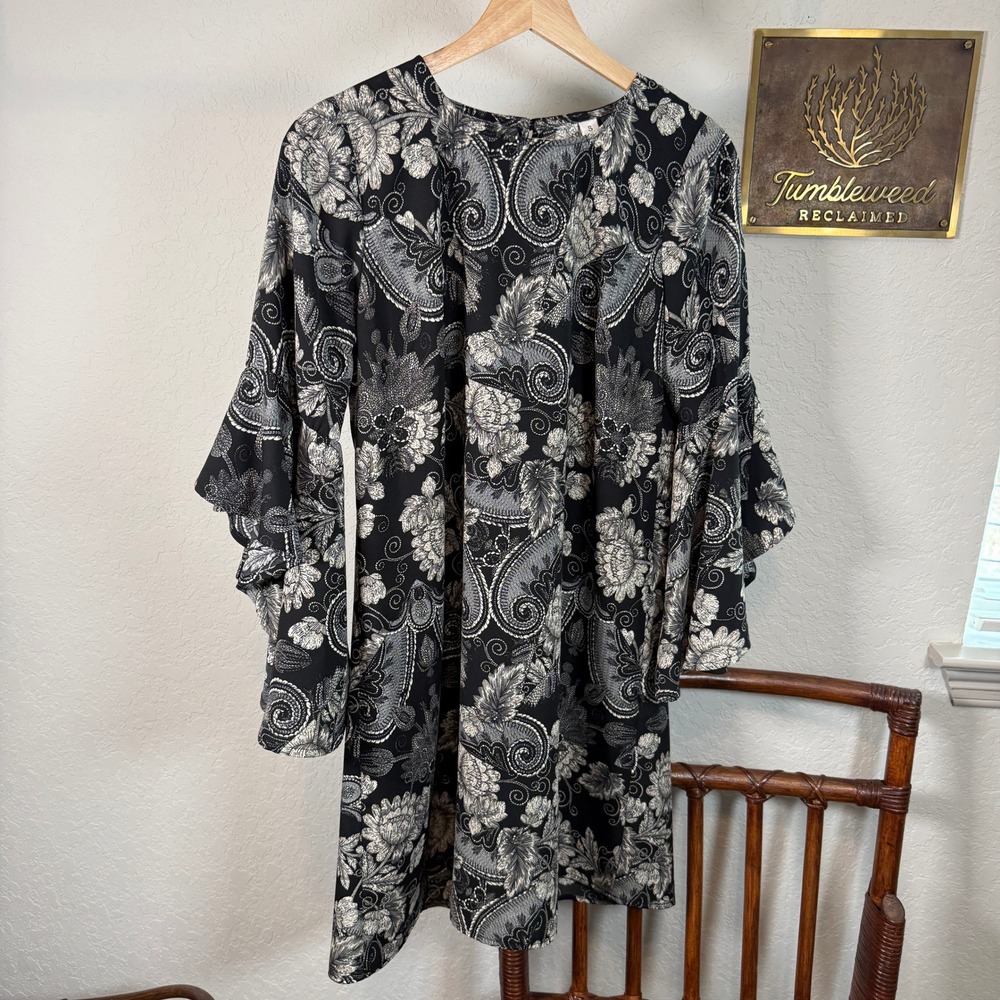 Uncle Frank Black White Floral Paisley Ruffle Bell Sleeve Shift Mini Dress 73395